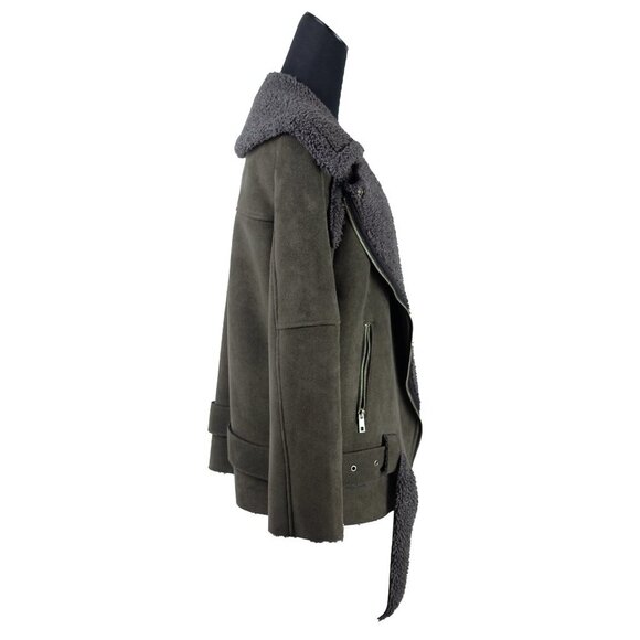 Olive Green Shearling Women's Jacket - Picture 3 of 7